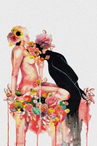 PNY41 Dark figure kissing another figure's chest with body full of flowers