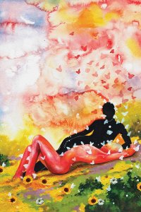 PNY48 Dark figure lying in garden next to faceless figure with sunflowers and butterflies