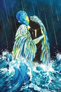 PNY49 Faceless figure hugging dark faceless figure with crashing waves beneath them