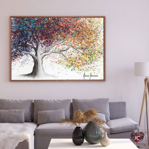 Tree with colorbursts of blue, red, orange, and yellow for leaves