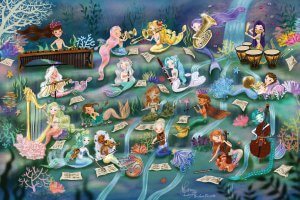 Group of mermaids playing orchestral instruments like trombone, cello, flue, violin, and tuba