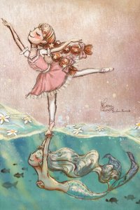 Ballerina on top of water with mermaid holding her foot underwater