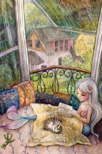 Mermaid reading book in windowsill with blanket and cat while raining outside