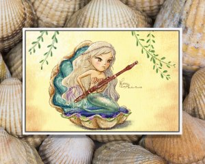 Mermaid sitting in clamshell playing bassoon