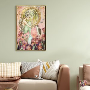 Mermaid petting cat surrounded by pink flowers