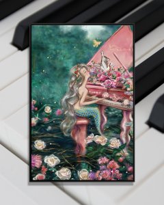 Mermaid playing pink piano underwater surrounded by white and pink flowers