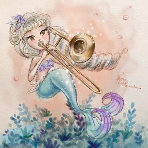 Mermaid playing trombone underwater