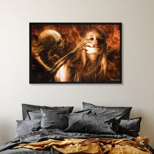 Skeleton grabbing woman's face with fire in background