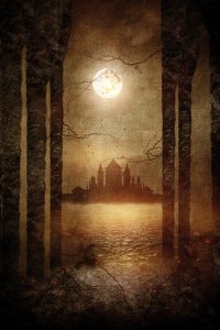 Moonlit scene with silhouette of castle in background behind body of water and trees