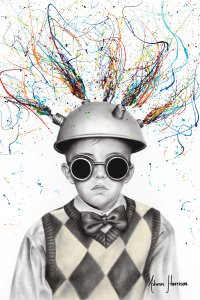 Young boy with vest and bow tie wearing goggles and bowl shaped hat with colors bursting out