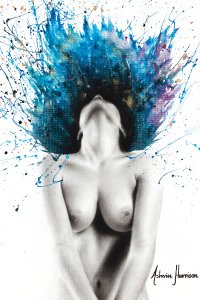 Nude woman with leaning back with colors bursting out of her head