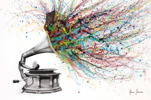 Record player with large horn with colors bursting out