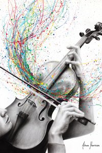 Person playing violin with colors bursting out