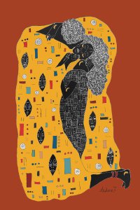 Black figures in The Kiss pose with patterns surrounding them