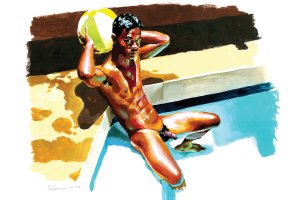 DSS100 Nude man sitting in corner of pool holding a beach ball