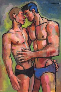 DSS26 Two men in speedos sharing an embrace