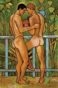 DSS28 Two nude men with heads close together in front of trees