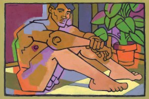 DSS42 Nude man sitting on floor next to a plant