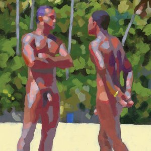 DSS84 Two nude men standing on sand facing each other in front of green trees