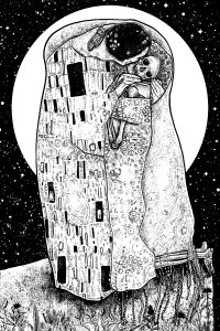 Figure hugging a skeleton figure wearing patterned dresses in front of a starry sky