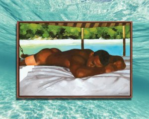 Lifestyle-DSS45 Nude man lying on stomach with body of water behind him