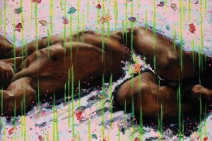 Nude man lying down surrounded by florals