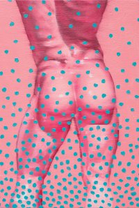 Bare butt of man in pink color with blue dots