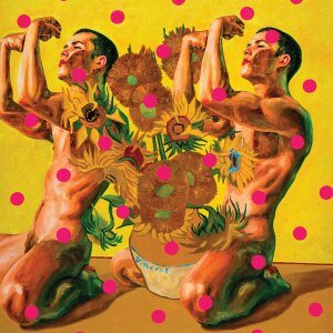 Two nude men kneeling on floor with pot of sunflowers