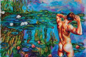 Backside of nude man standing by pond