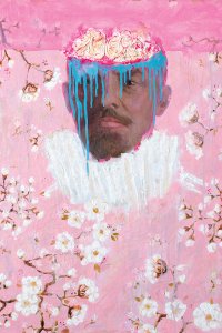 Black man with open brain dripping down blue liquid surrounded by white flower background