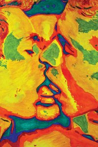 Three men kissing each other in rainbow color