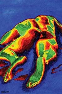 Backside of nude man in rainbow colors