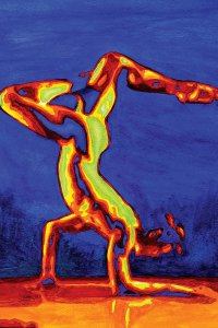 Nude man doing handstand in rainbow color