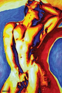 Nude man lying on back in rainbow color