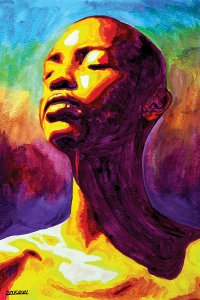 Bald person with eyes closed in rainbow color