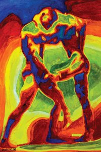 Two nude men hugging in rainbow colors