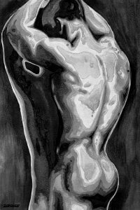 Backside of nude man in black and white