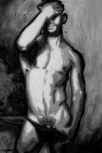Frontal nude of a man in black and white