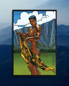 lifestyle-DSS75 Nude man holding towel standing in front of mountains