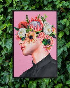 Male with flowers covering top half of face and head