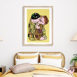 Pigs wearing patterned outfits hugging and kissing