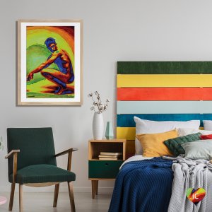 Nude man squatting with rainbow colors