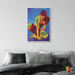 Nude man sitting on floor in rainbow color