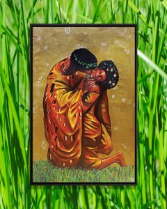 Black man kissing black woman wearing gold outfits