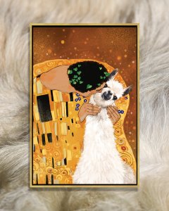 Man wearing patterned outfit kissing llama on the side of its face