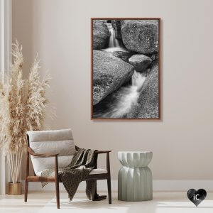 Waterfall flowing through rocks in black and white photograph