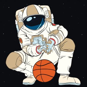 Astronaut crouched down with basketball in front of him and starry sky background