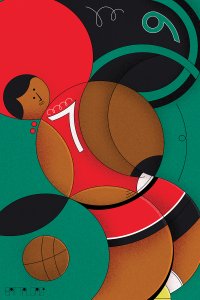 Abstract shapes displaying a basketball player