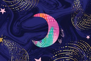 Colorful crescent moon with a swirly blue background and shooting stars