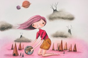www.liefdephotography.com Woman with pink hair kneeling on the ground holding the earth beneath gray clouds